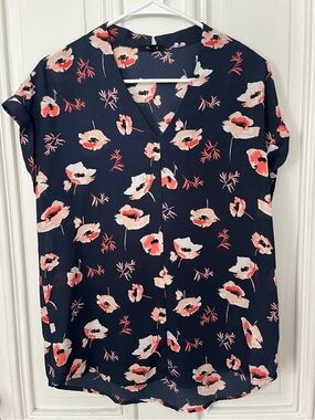 Pleione Navy V-Neck Blouse with Coral & Cream Floral Print